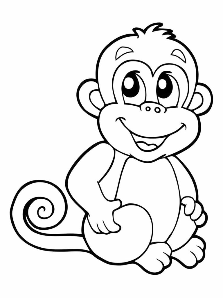 Desenho de um macaco jovem para colorir, sentado.