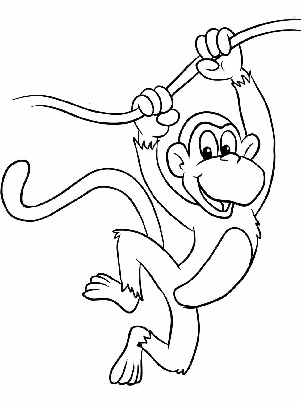 Desenho de macaco para colorir, pendurado em um galho.