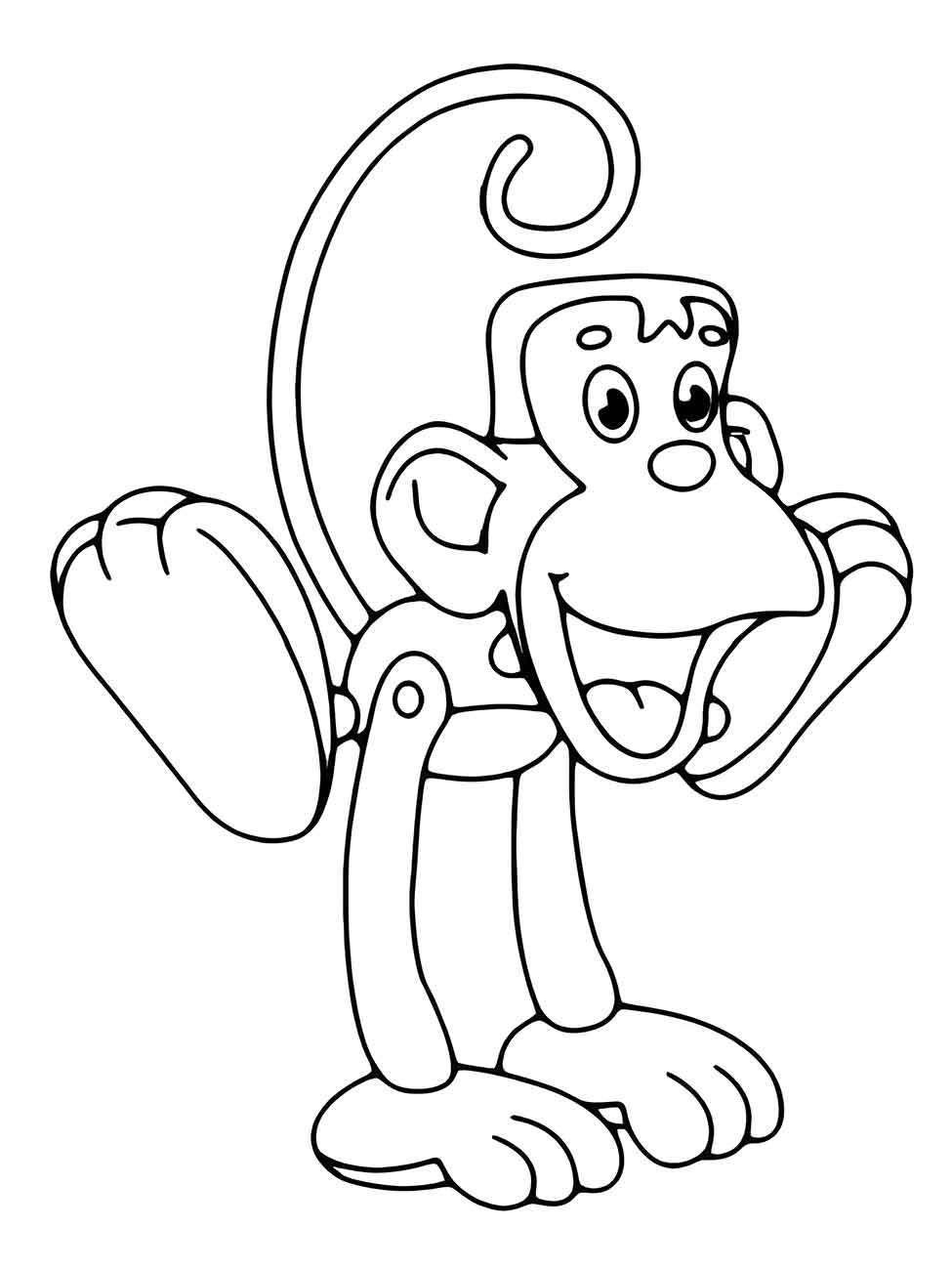 Desenho de macaco para colorir, com uma cauda em espiral e uma expressão surpresa, como se estivesse gritando.