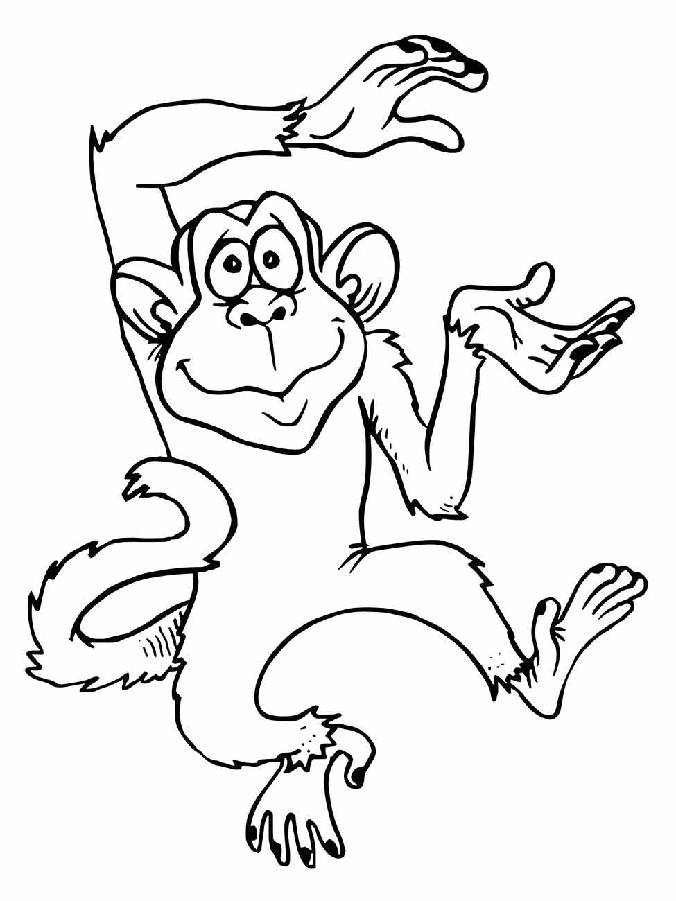 Desenho de macaco para colorir, com uma postura descontraída e uma expressão satisfeita, como se estivesse dançando ou em movimento.