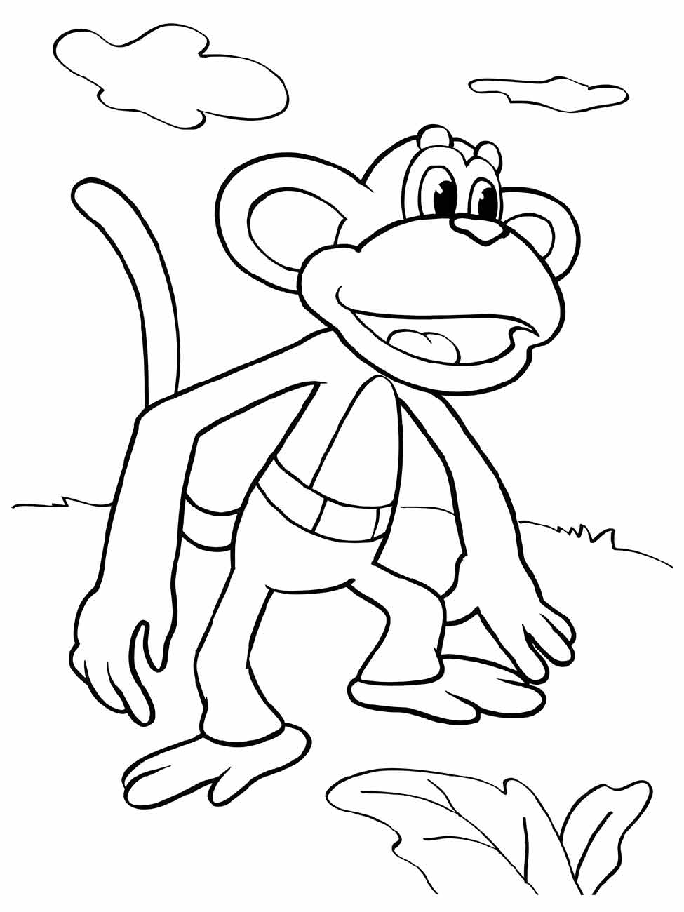 Desenho de macaco para colorir, andando sobre a grama com um sorriso aberto e nuvens no céu ao fundo.