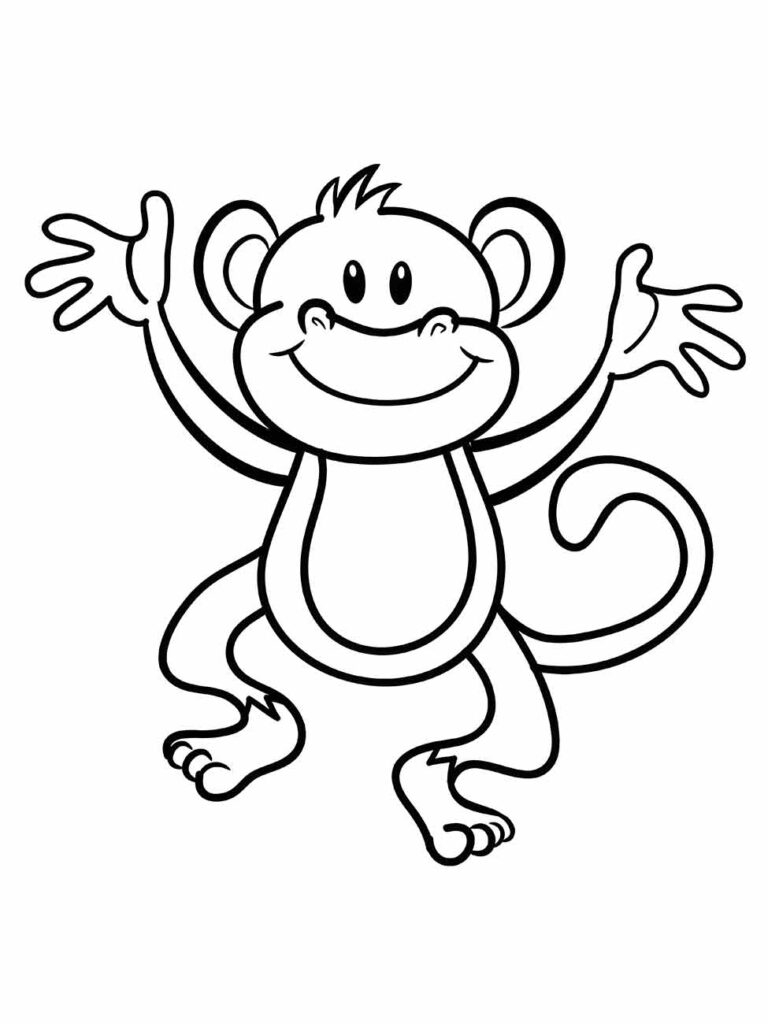 Desenho de macaco para colorir, com expressão animada, acenando com as mãos e com a cauda enrolada.