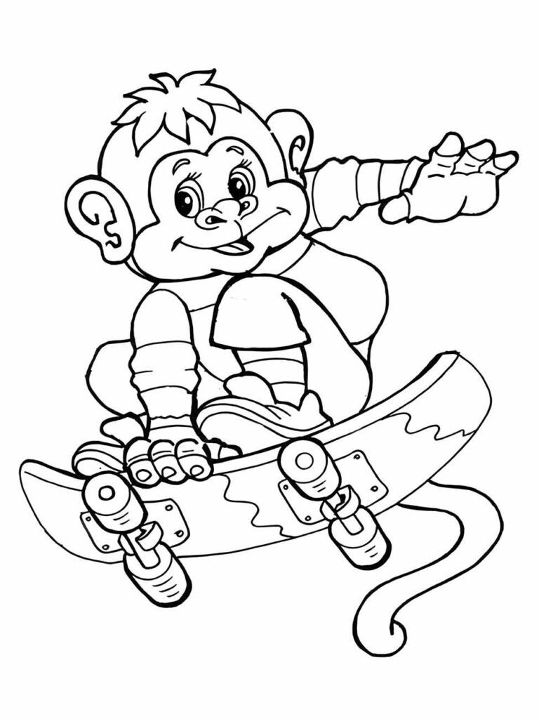 Desenho de macaco para colorir, em cima de um skate.