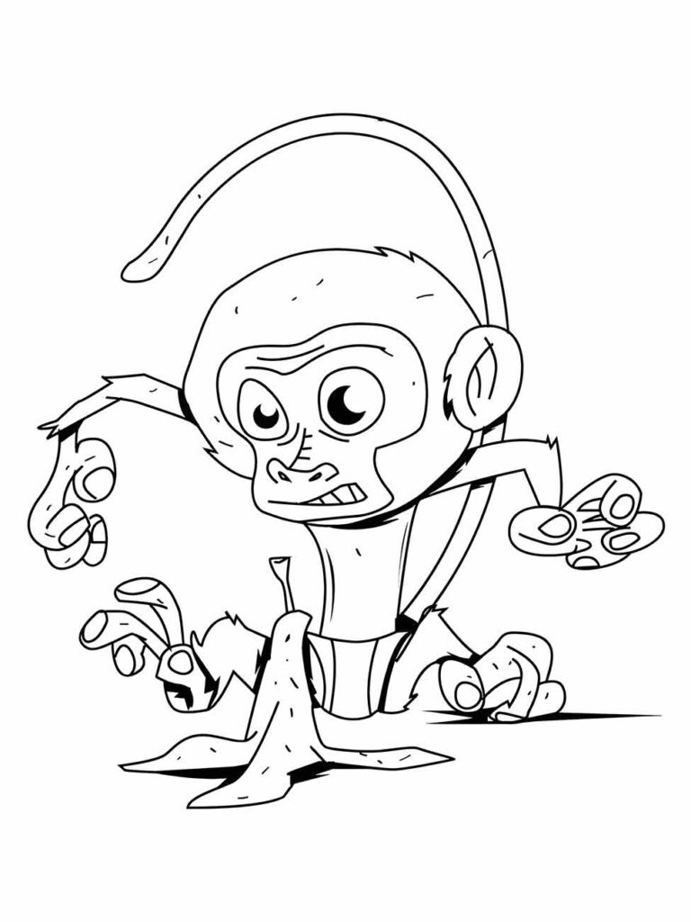 Desenho de macaco para colorir, com uma expressão de surpresa e desequilíbrio após escorregar em uma casca de banana.