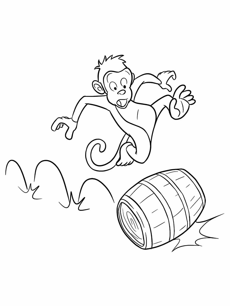 Desenho de macaco para colorir, saltando com alegria em cima de um barril.