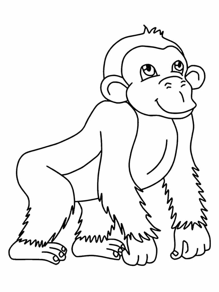 Desenho de macaco para colorir, em quatro patas com um olhar curioso.