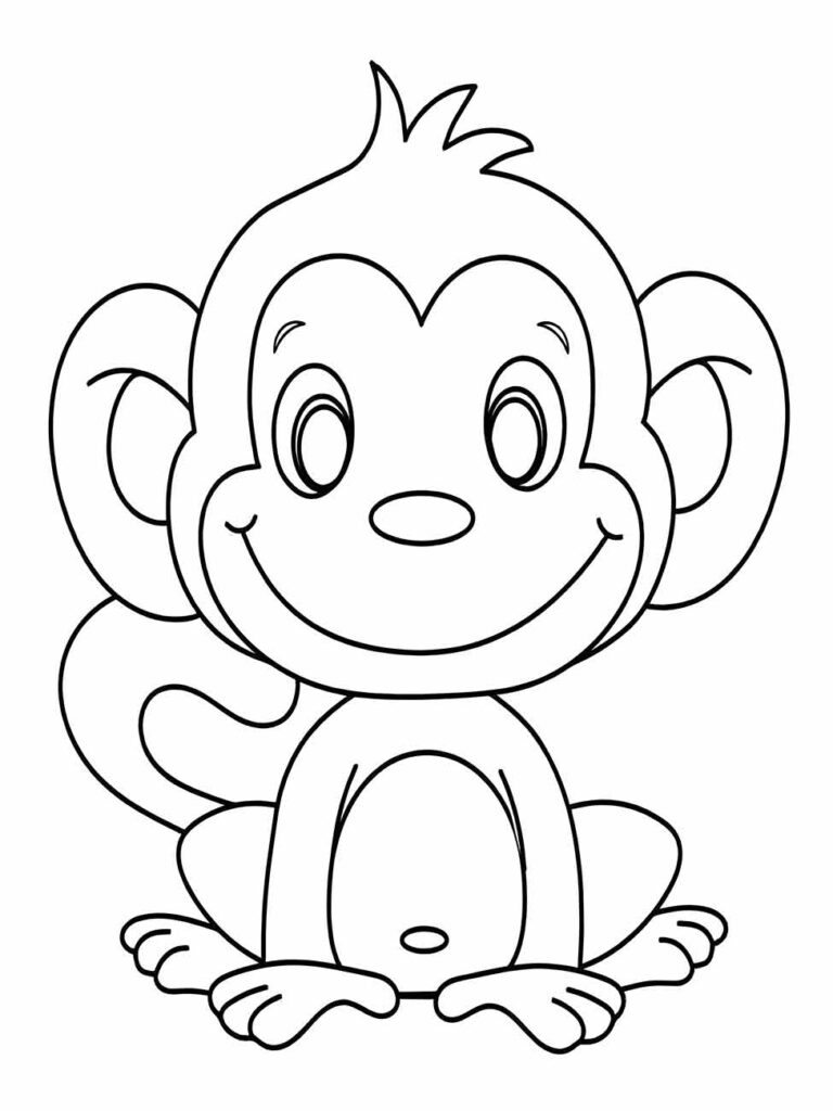 Desenho de macaco para colorir, sentado com, com expressão amigável e mãos sobre os pés.