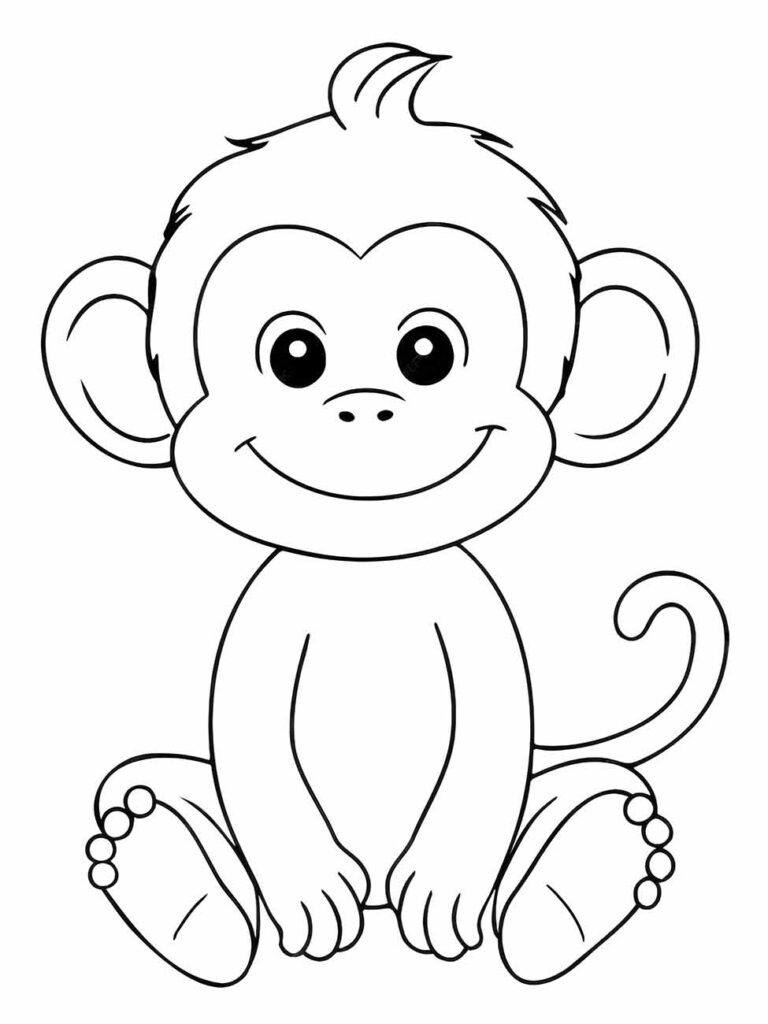 Desenho de macaco para colorir, sentado com as pernas abertas, com expressão contente e uma tufo de cabelo no topo da cabeça.