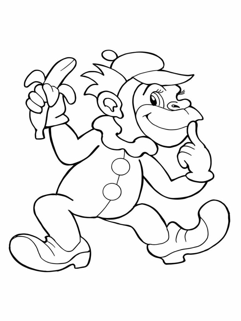 Desenho de um macaco fantasiado para colorir, estilo caricato, segurando uma banana e com um sorriso maroto.