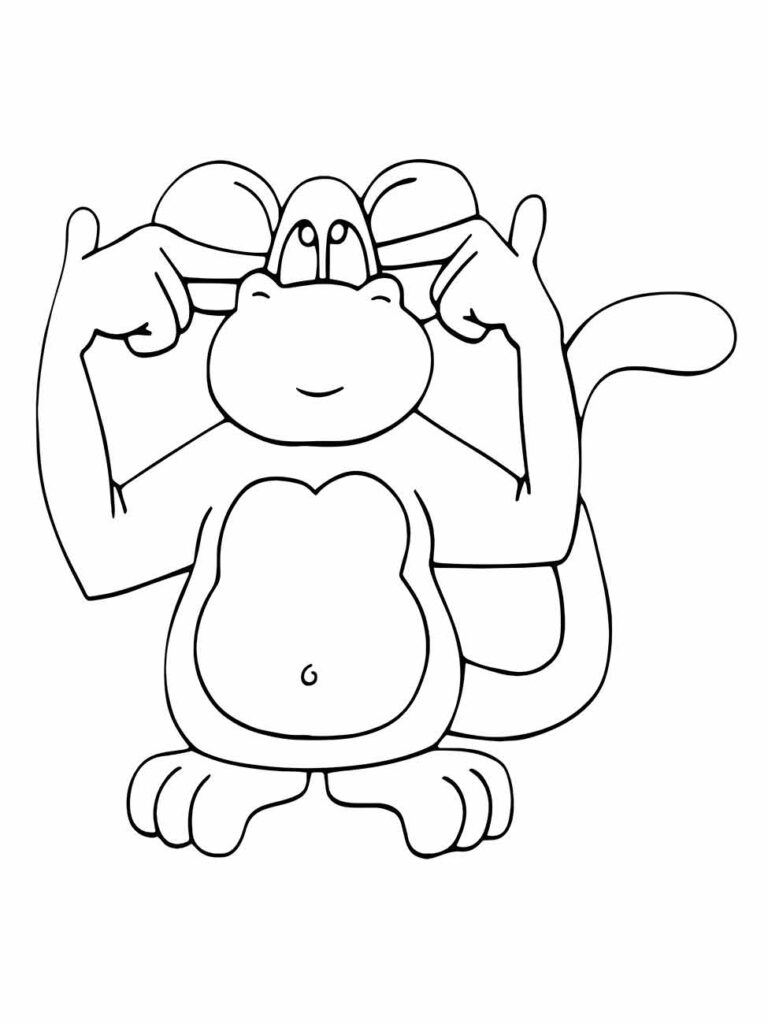 Desenho de macaco para colorir, fazendo pose com os dedos nos ouvidos em uma expressão brincalhona.