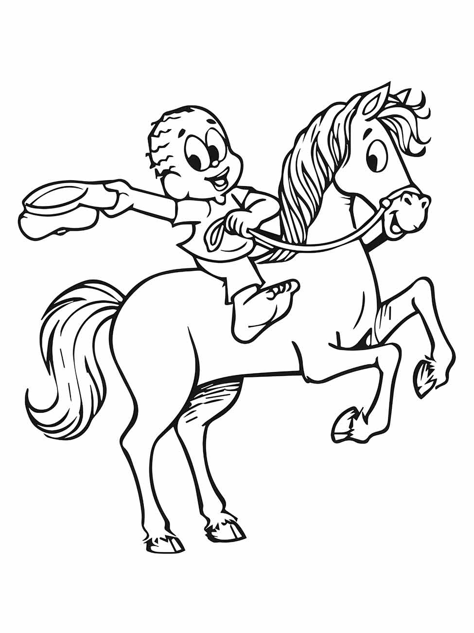 Desenho para colorir de Negrinho do Pastoreio em cima de um cavalo em galope