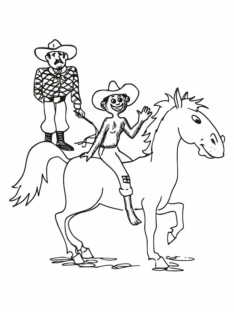 Desenho para colorir de Negrinho do Pastoreio alegremente montado em um cavalo, com um vaqueiro ao fundo.