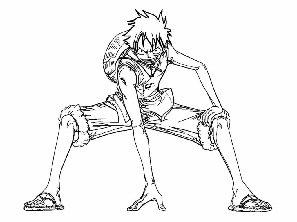 Desenho para colorir de One Piece destacando Luffy em uma pose poderosa e desafiadora.