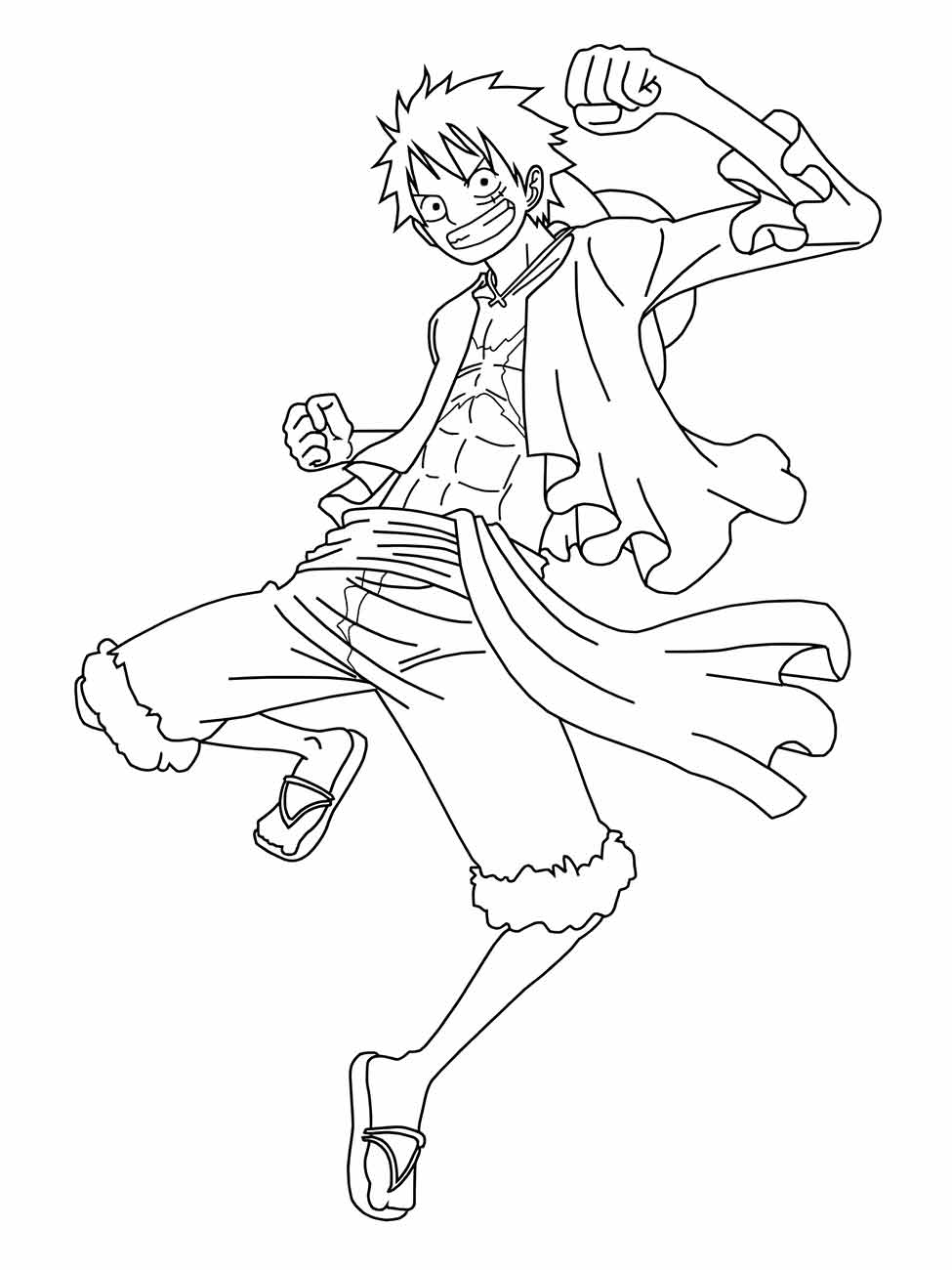 Desenho para colorir de One Piece com Luffy em uma pose dinâmica e animada.