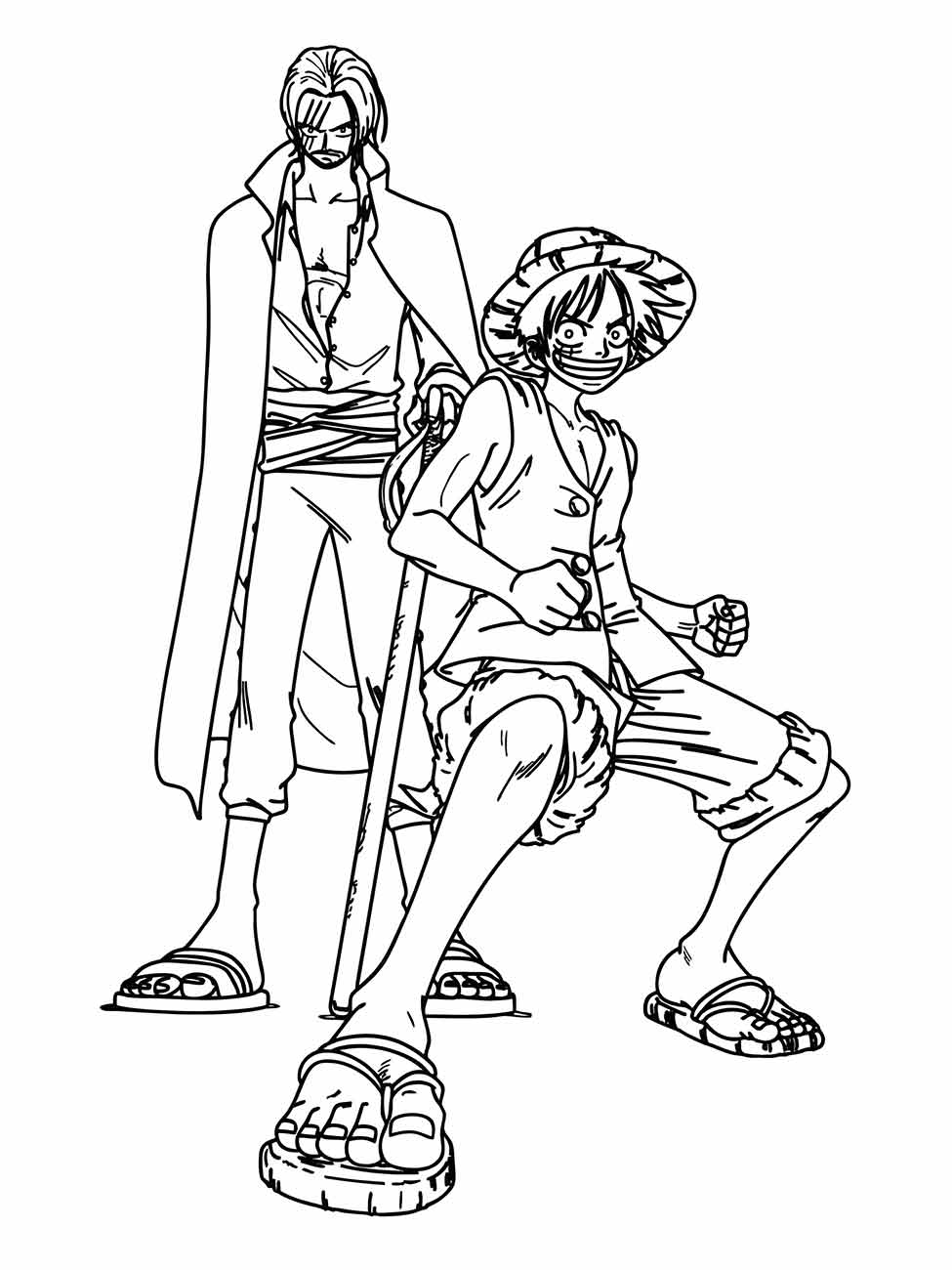 Desenho para colorir de One Piece exibindo Luffy e Zoro prontos para a aventura.