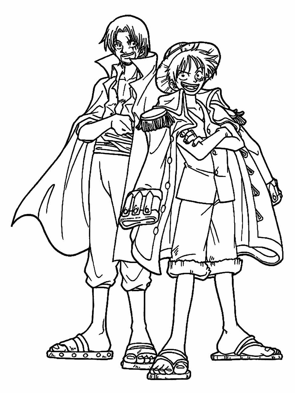 Desenho para colorir de One Piece retratando Luffy e Zoro em uma pose de companheirismo.