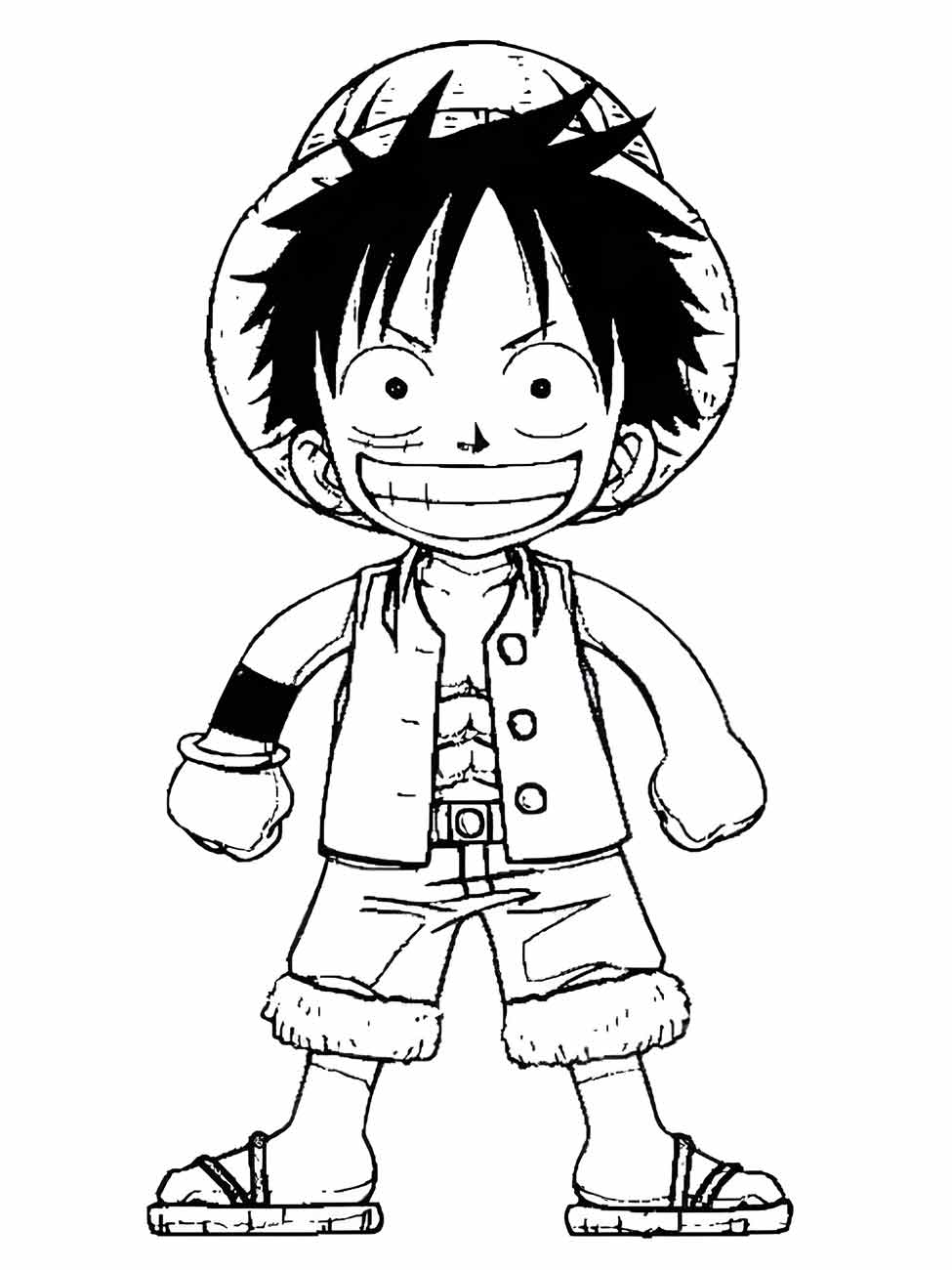 Desenho para colorir de Luffy com um grande sorriso e uma postura confiante.