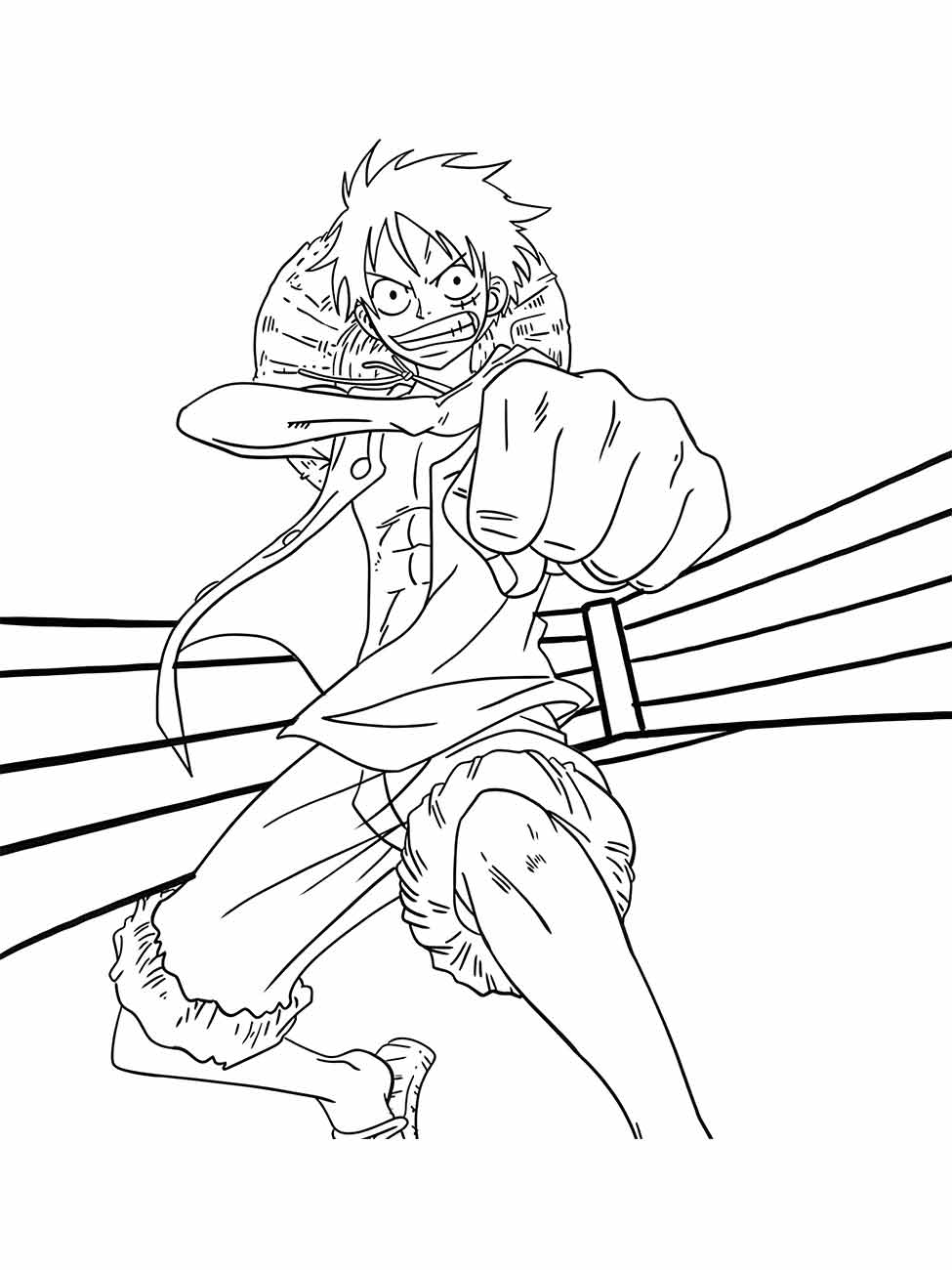 Desenho para colorir de One Piece mostrando Luffy em uma pose de ataque com efeito de movimento.