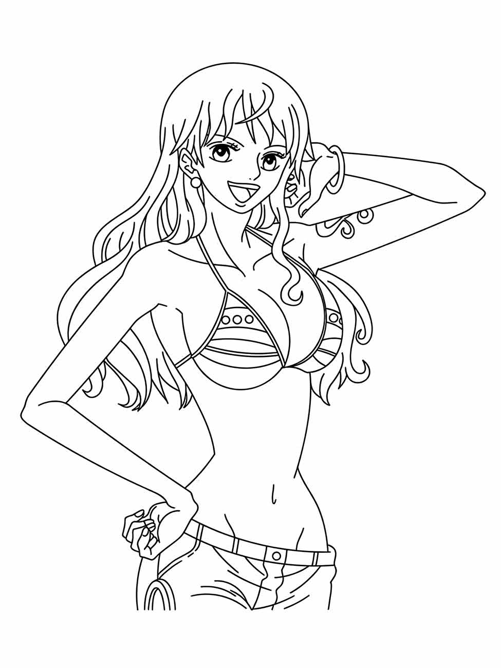 Desenho para colorir de Nami com uma pose confiante e sorridente.