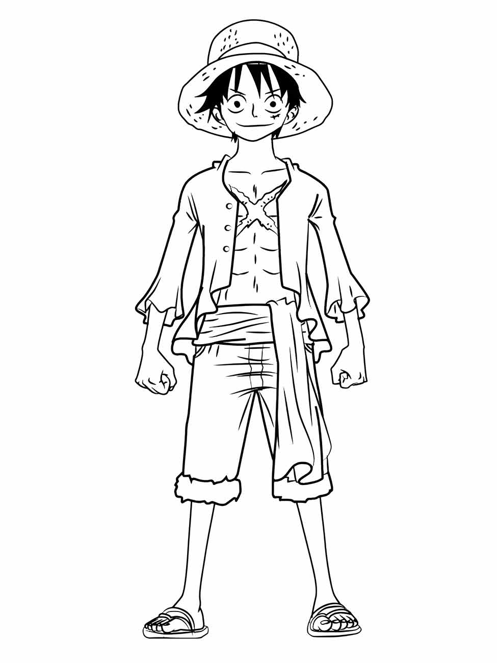 Desenho para colorir de One Piece com Luffy em uma postura relaxada e sorridente.