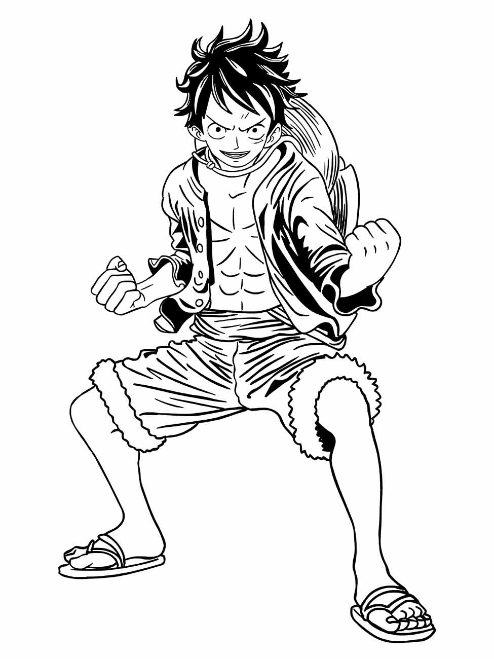 Desenho para colorir de Luffy em uma pose de luta.