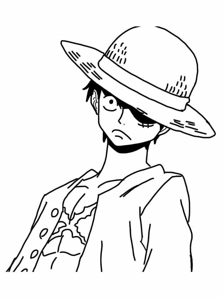 Desenho para colorir de Luffy com um chapéu de palha e uma expressão séria.