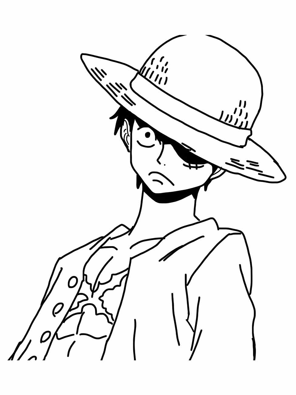 Desenho para colorir de Luffy com um chapéu de palha e uma expressão séria.