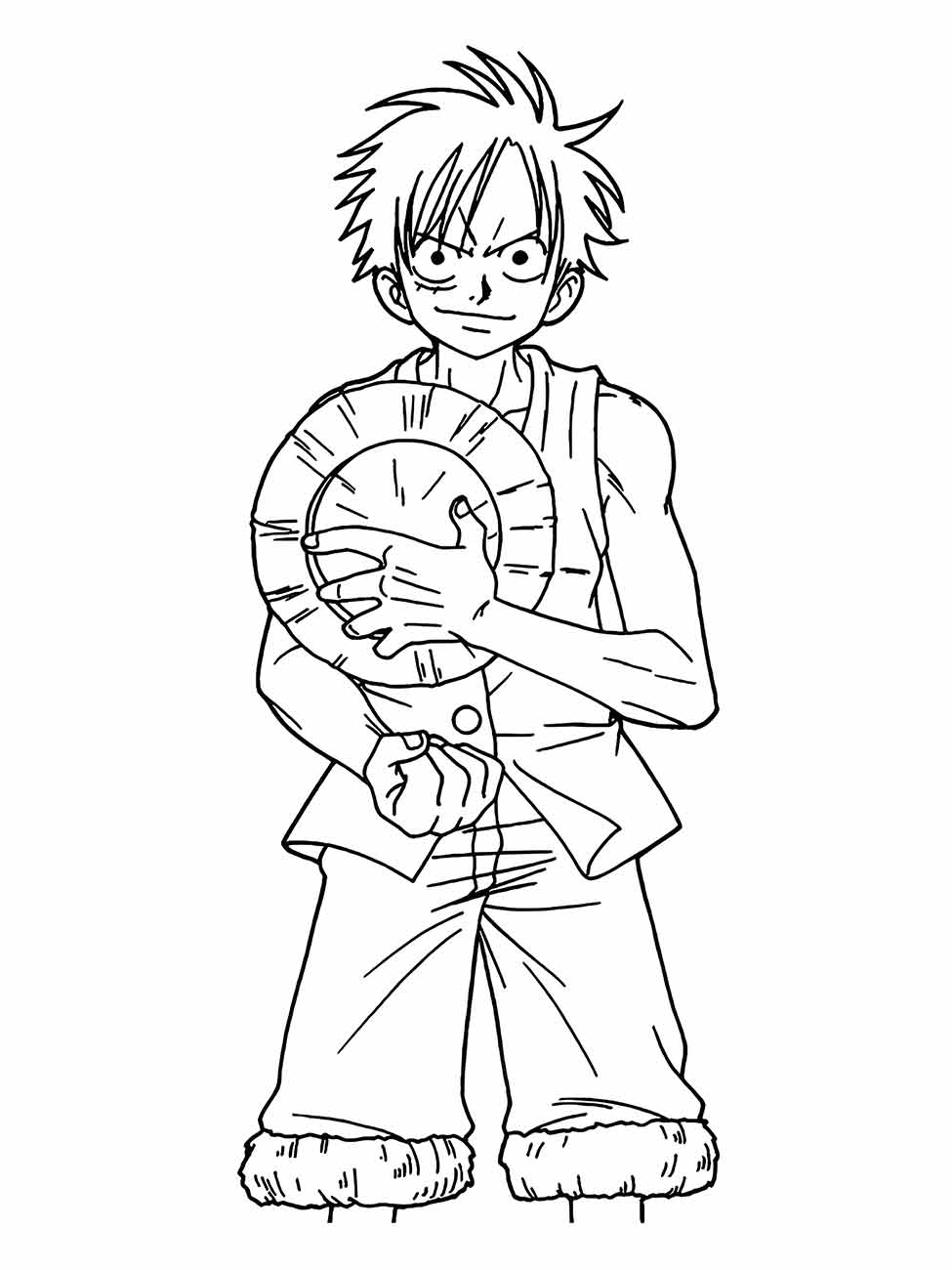 Desenho para colorir de One Piece mostrando Luffy com um olhar determinado, segurando um pequeno escudo.