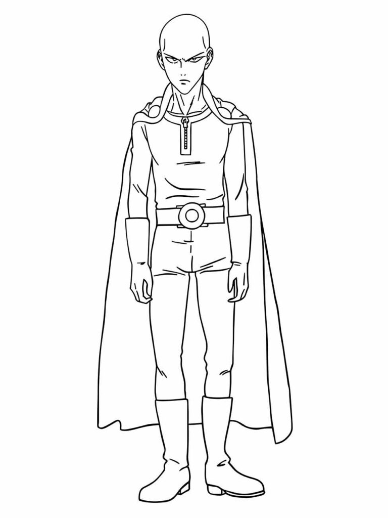 Desenho para colorir de Saitama, o protagonista de One Punch Man, em traje de herói com expressão séria.