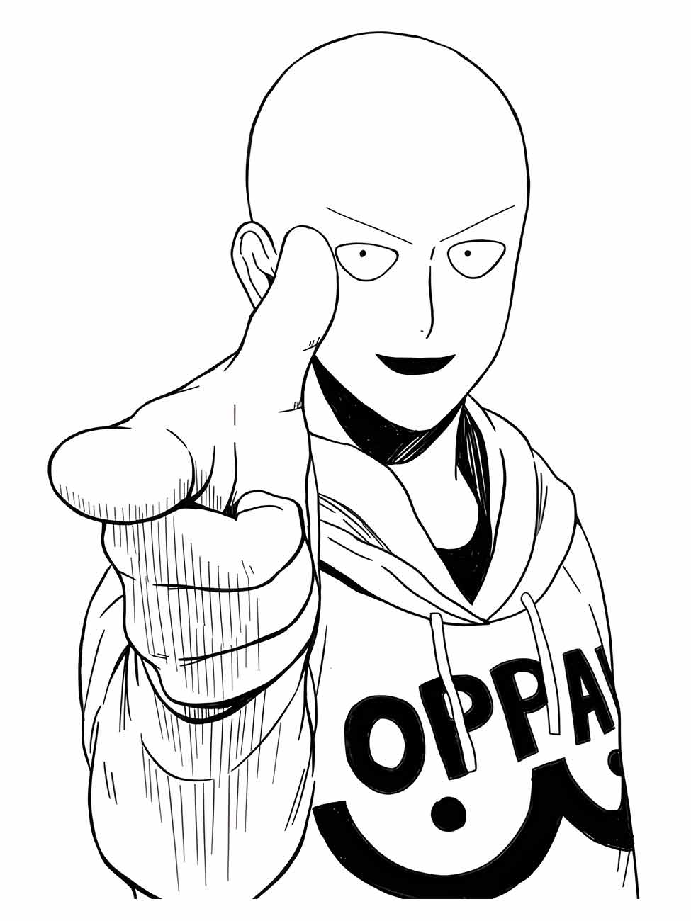 Desenho para colorir de Saitama de One Punch Man fazendo sinal de "OK" com moletom "OPPAI" e sorriso confiante.