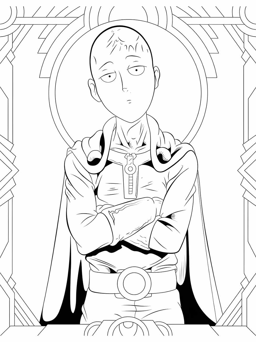 Desenho para colorir de Saitama de One Punch Man em pose pensativa.