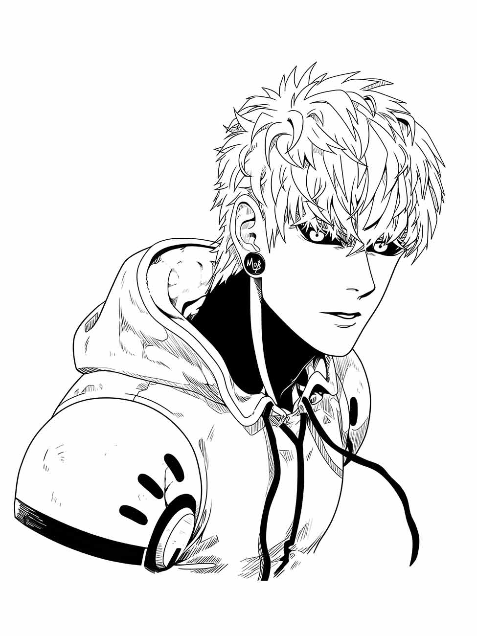 Desenho para colorir de Genos de One Punch Man em close-up, mostrando detalhes de sua armadura e expressão séria.