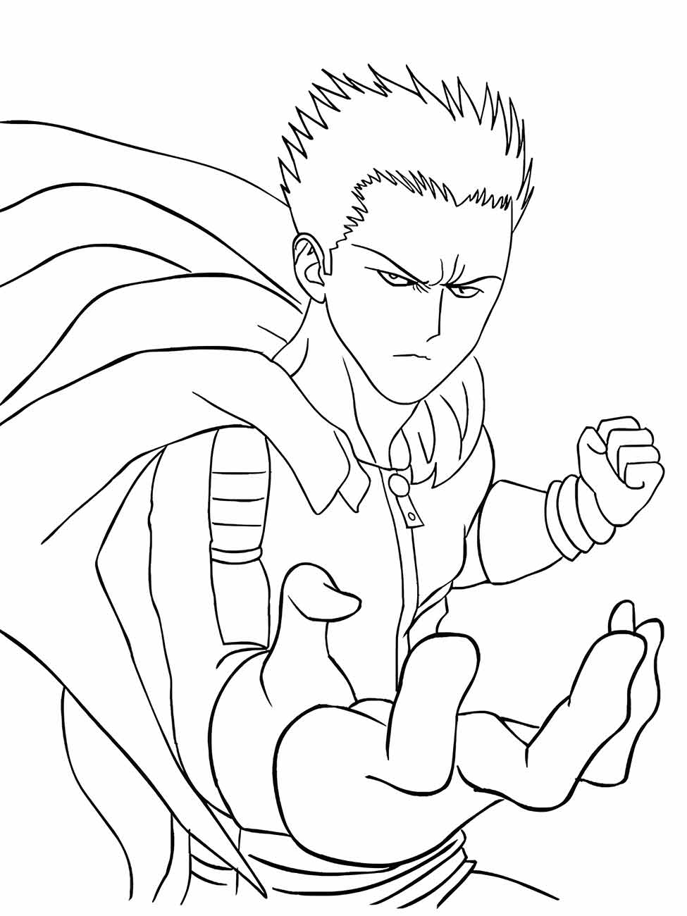 Desenho para colorir de Garou de One Punch Man em pose dinâmica com capa ao vento.