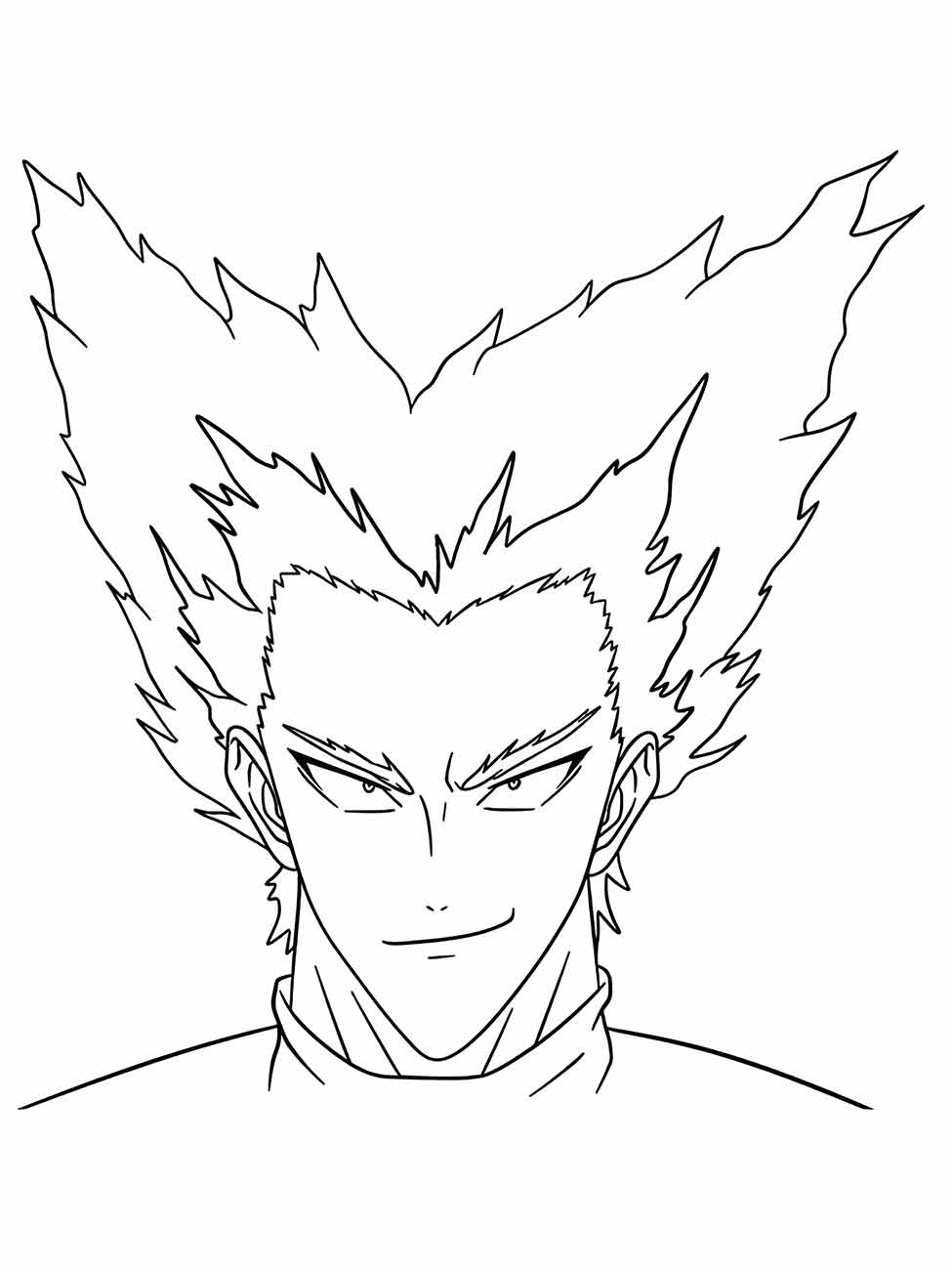 Desenho para colorir de Garou com um sorriso confiante e cabelo espetado, de One Punch Man.