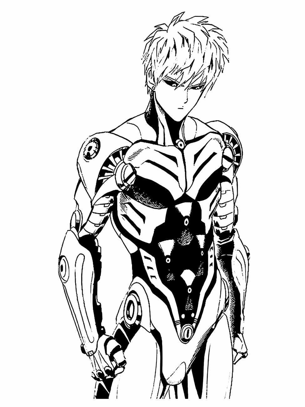 Desenho para colorir de Genos de One Punch Man em pose de combate com detalhes de sombreamento e expressão séria.