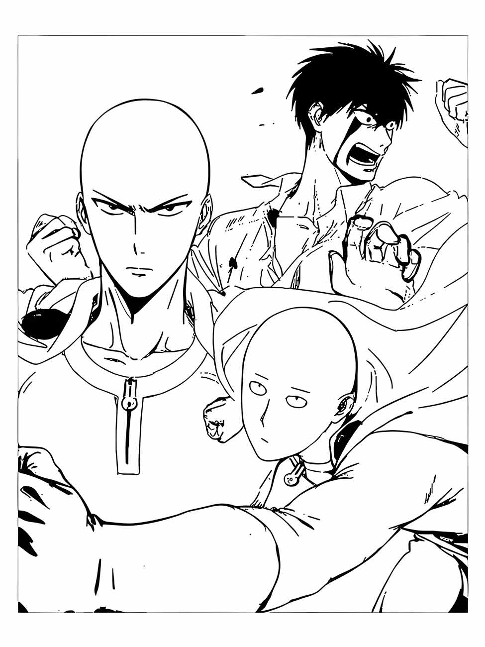 Desenho para colorir mostrando Saitama de One Punch Man no centro, cercado por outros personagens em uma cena de luta.