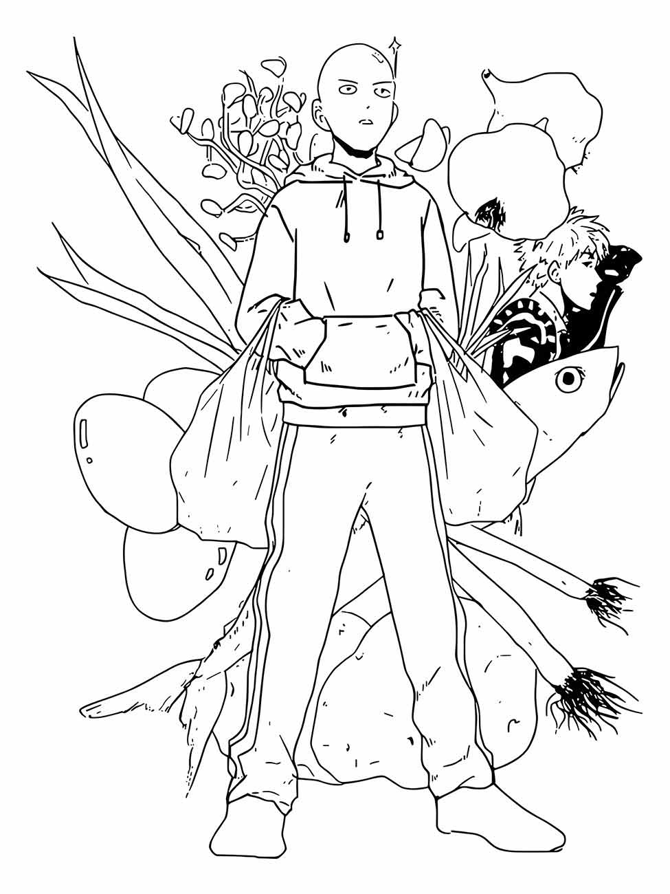 Desenho para colorir de Saitama de One Punch Man com moletom, rodeado por itens de compras.