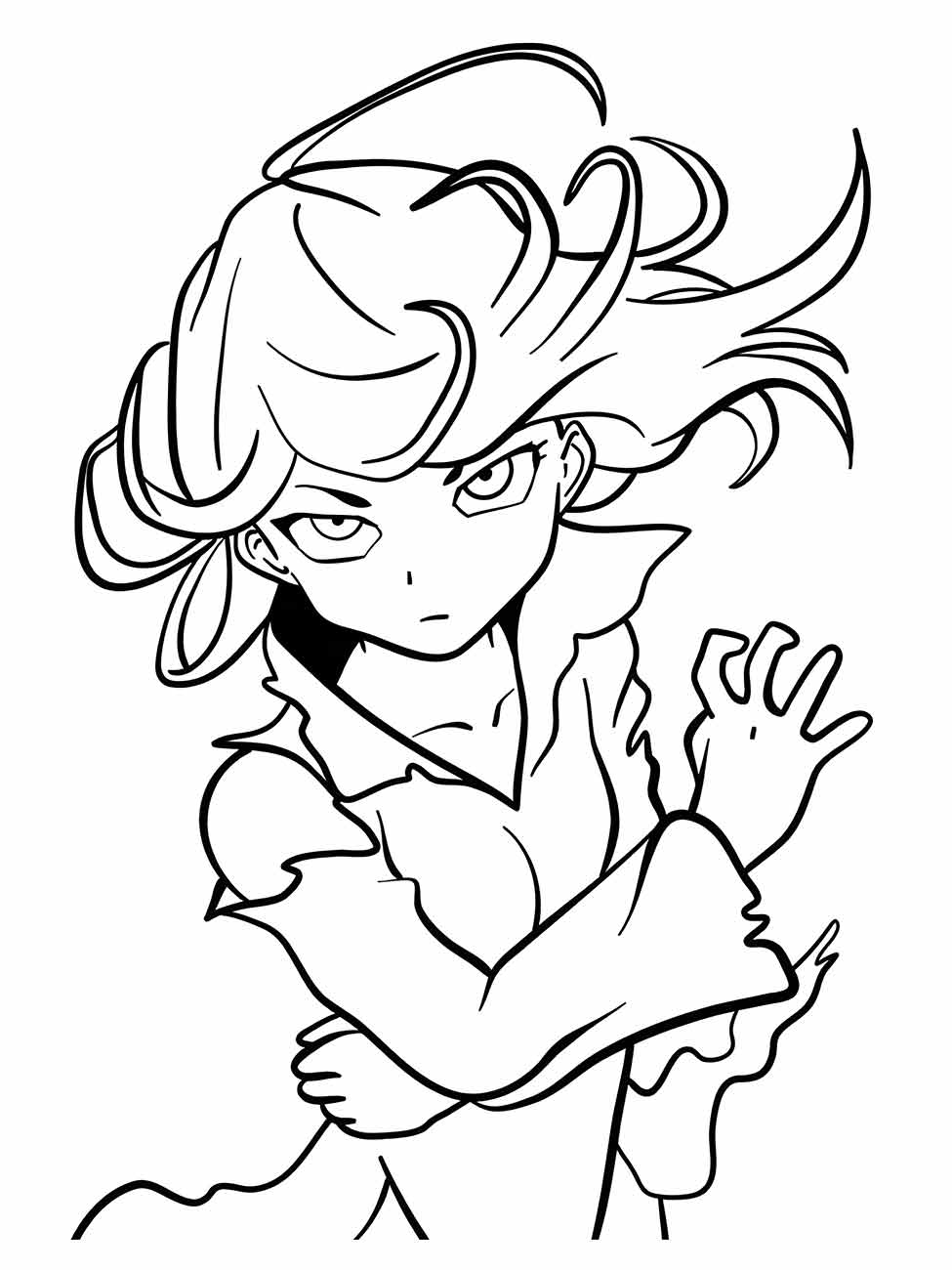 Desenho para colorir de Fubuki, também conhecida como Blizzard of Hell, em pose confiante com cabelo esvoaçante.