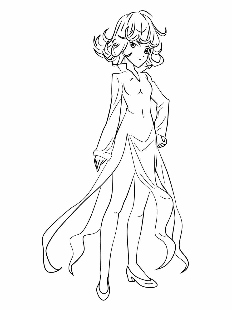 Desenho para colorir de Tatsumaki de One Punch Man em pose poderosa com sua capa esvoaçante e expressão séria.