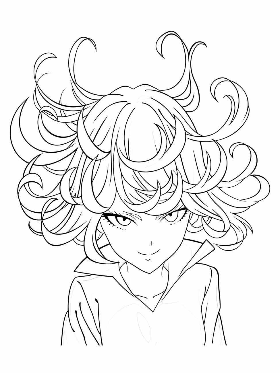 Desenho para colorir da cabeça de Tatsumaki de One Punch Man com detalhes intrincados de seus cabelos espiralados.