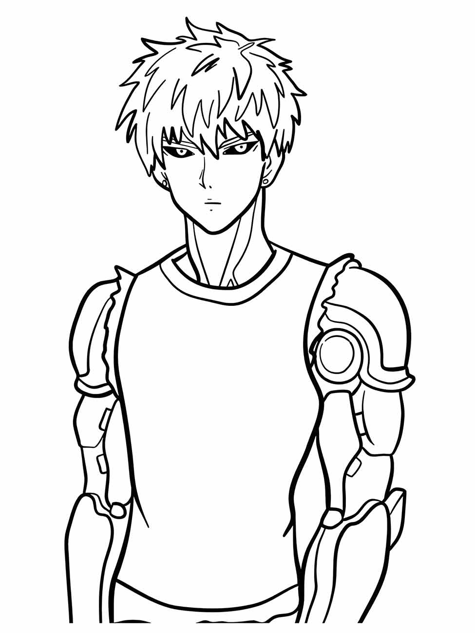 Desenho para colorir de Genos, o ciborgue discípulo de Saitama em pose de combate.