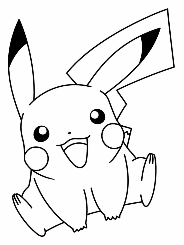 Desenho para colorir de um Pikachu animado, com as orelhas erguidas e a boca aberta em um grande sorriso.