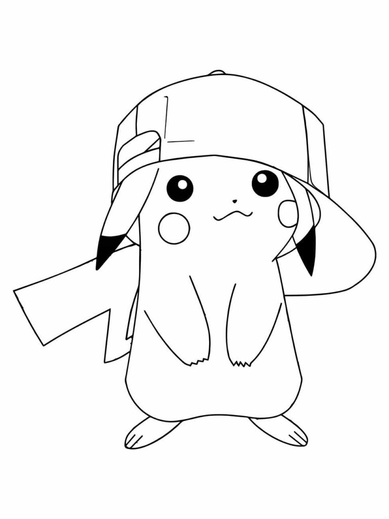 Desenho para colorir de Pikachu com o boné de Ash.