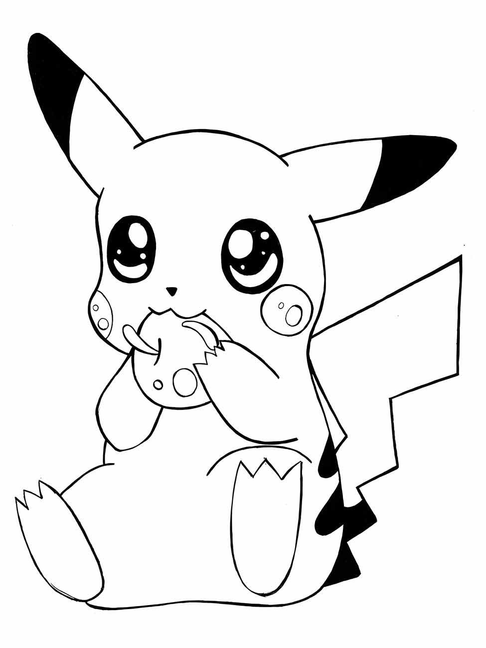 Desenho para colorir de Pikachu sentado, segurando um Oran Berry.