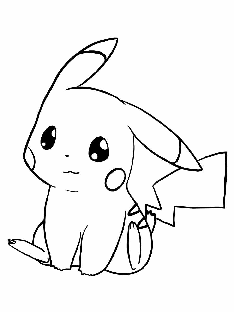 Desenho para colorir de um Pikachu sentado e olhando para cima.