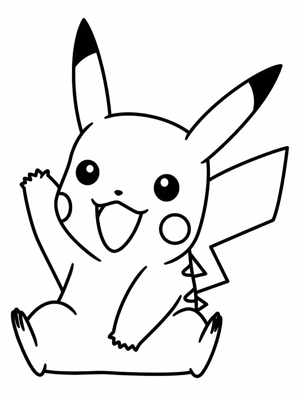 Desenho para colorir de um Pikachu alegre sentado, com os braços levantados e a boca aberta em um sorriso.