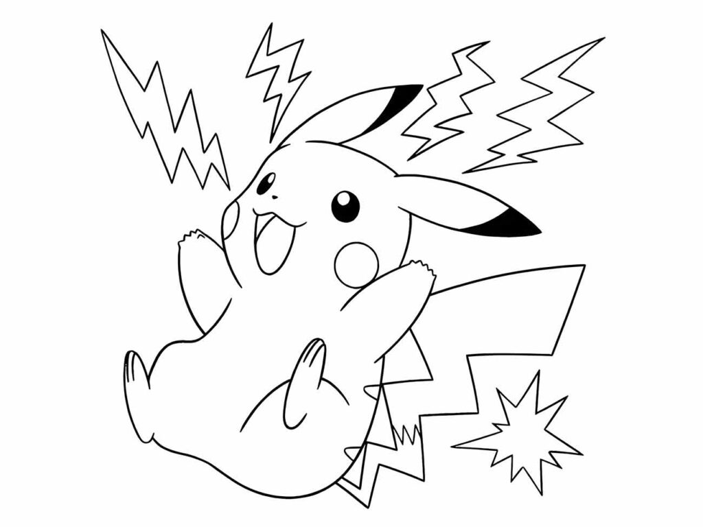 Desenho para colorir de Pikachu exibindo poderes elétricos com faíscas saindo de suas bochechas.