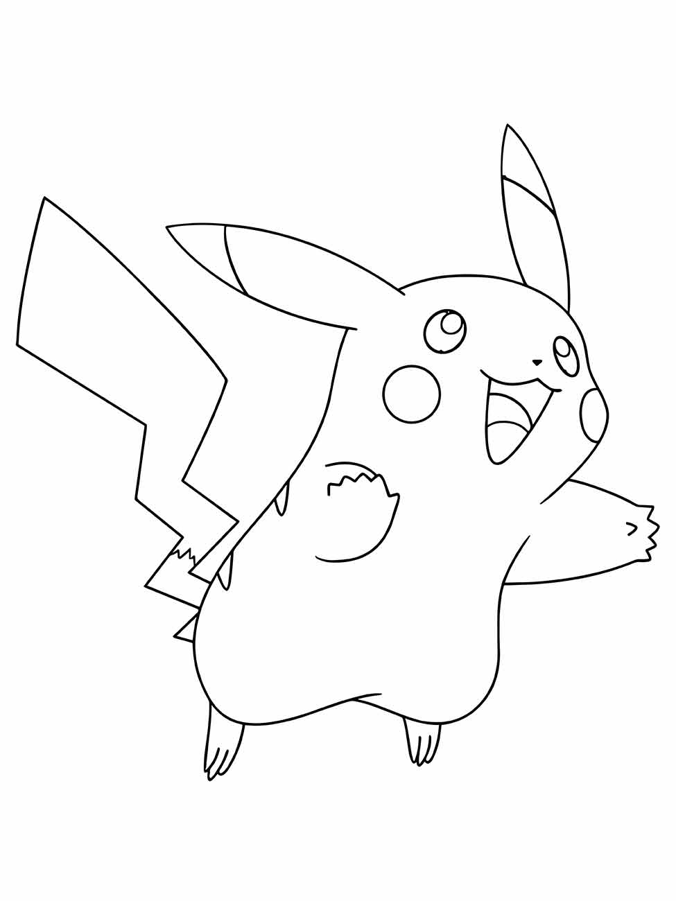 Desenho para colorir de Pikachu em pose alegre com orelhas pontudas e cauda em forma de raio.