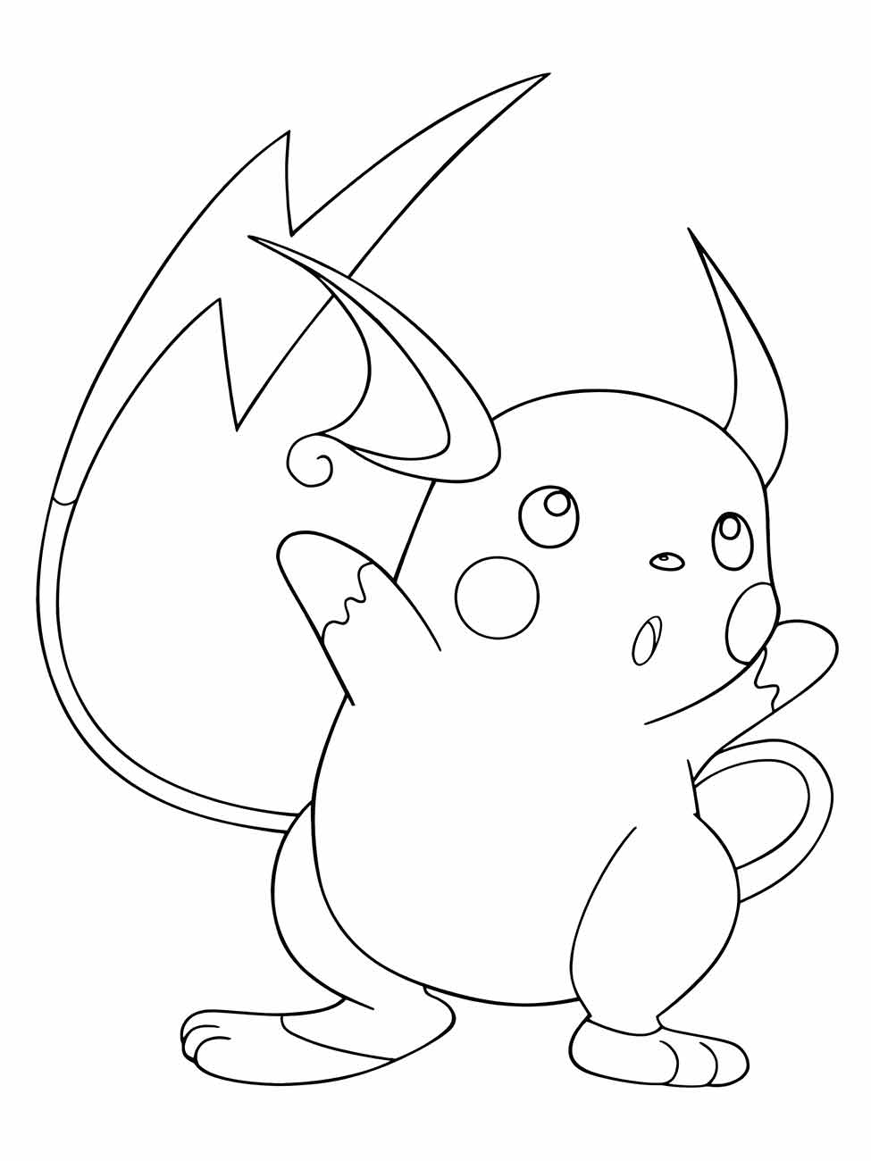 Desenho para colorir de Raichu com cauda pontiaguda e longas orelhas, olhando para cima.