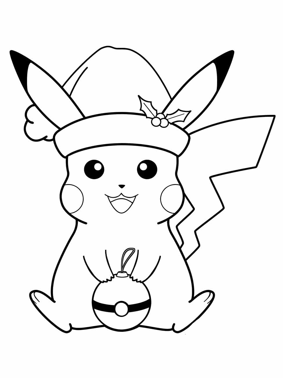 Desenho para colorir de Pikachu vestindo um gorro de Natal com uma pokebola de natal.